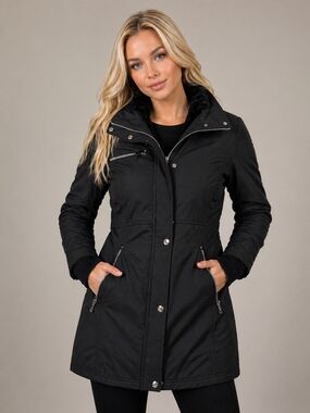 G.H. Bass Black Winter Coat Faux Fur Collar Size L Classic Minimalist Parka